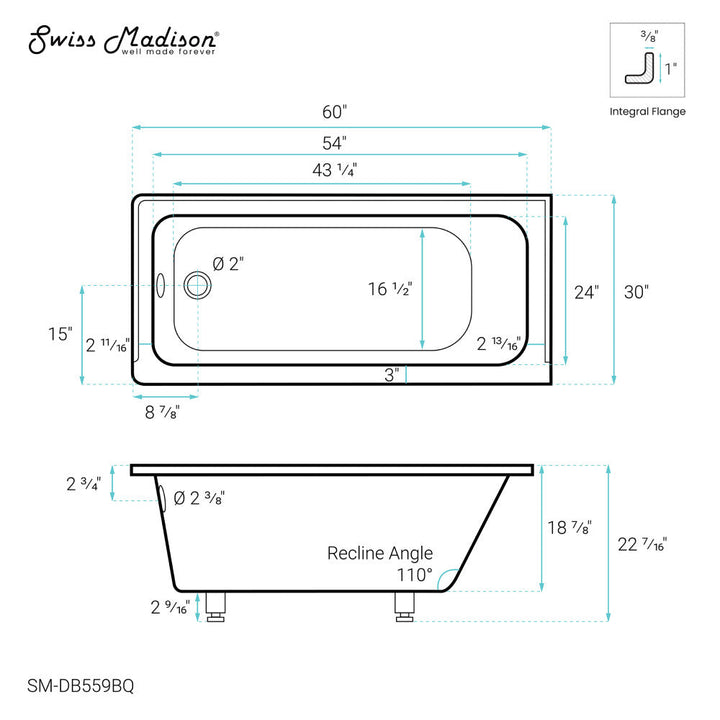 Voltaire 60" x 30" Left-Hand Drain Alcove Bathtub in Bisque