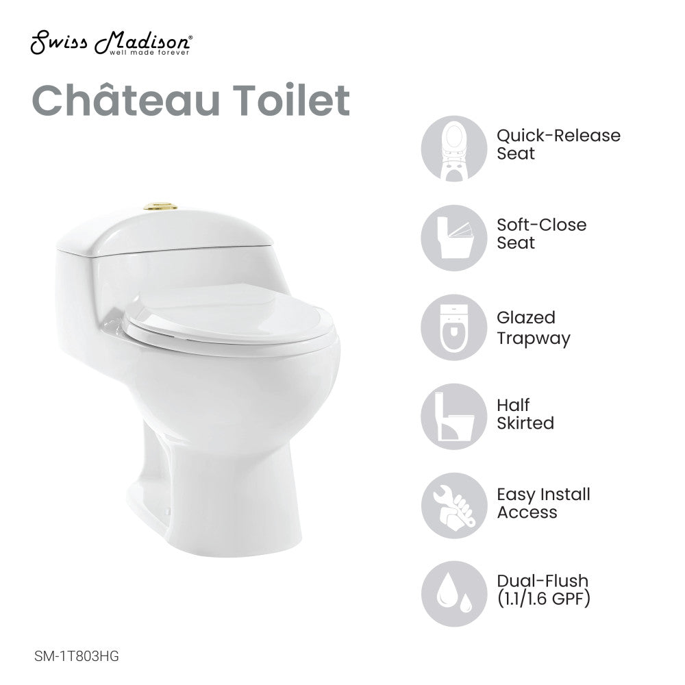 Chateau One Piece Elongated Toilet Dual Flush, Brushed Gold Hardware 1.1/1.6 gpf