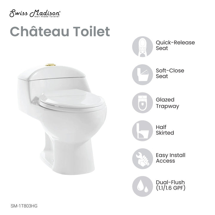 Chateau One Piece Elongated Toilet Dual Flush, Brushed Gold Hardware 1.1/1.6 gpf