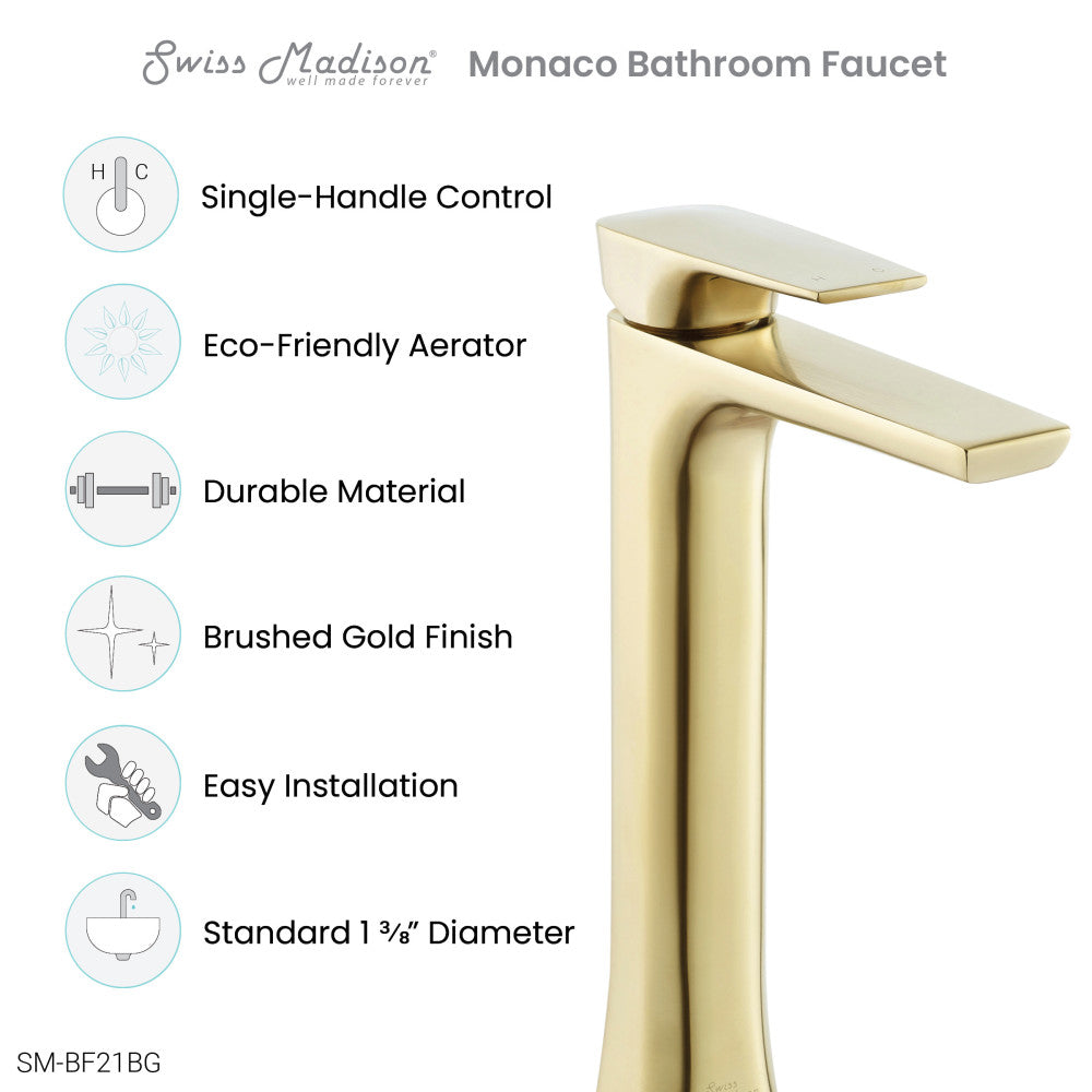 Monaco Single Hole, Single-Handle, High Arc Bathroom Faucet in Brushed Gold