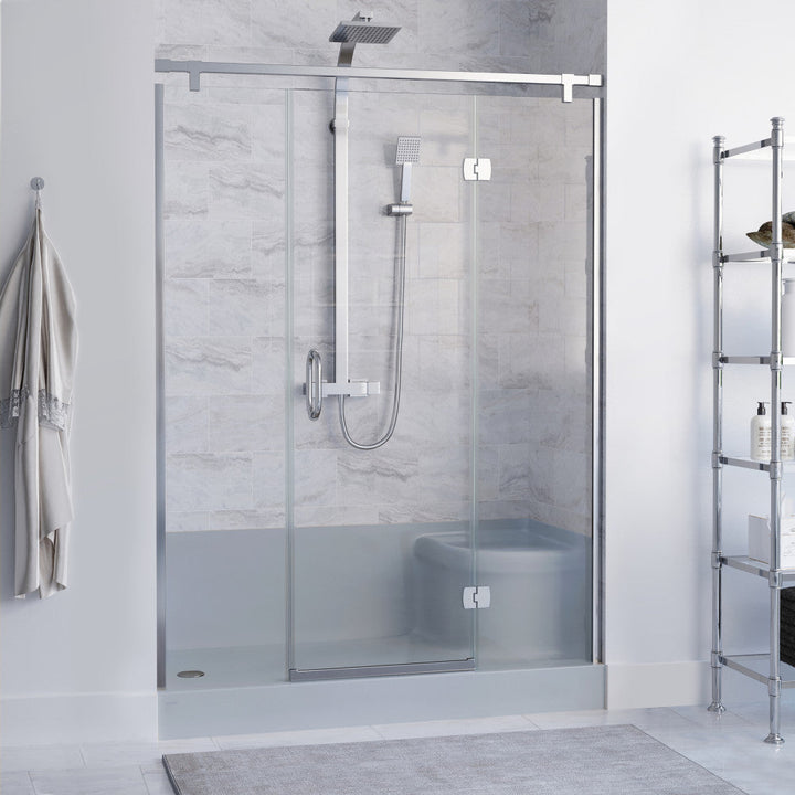 Aquatique 60" x 32" Single Threshold Shower Base With Left Hand Drain and Integral Right Hand Seat in Grey