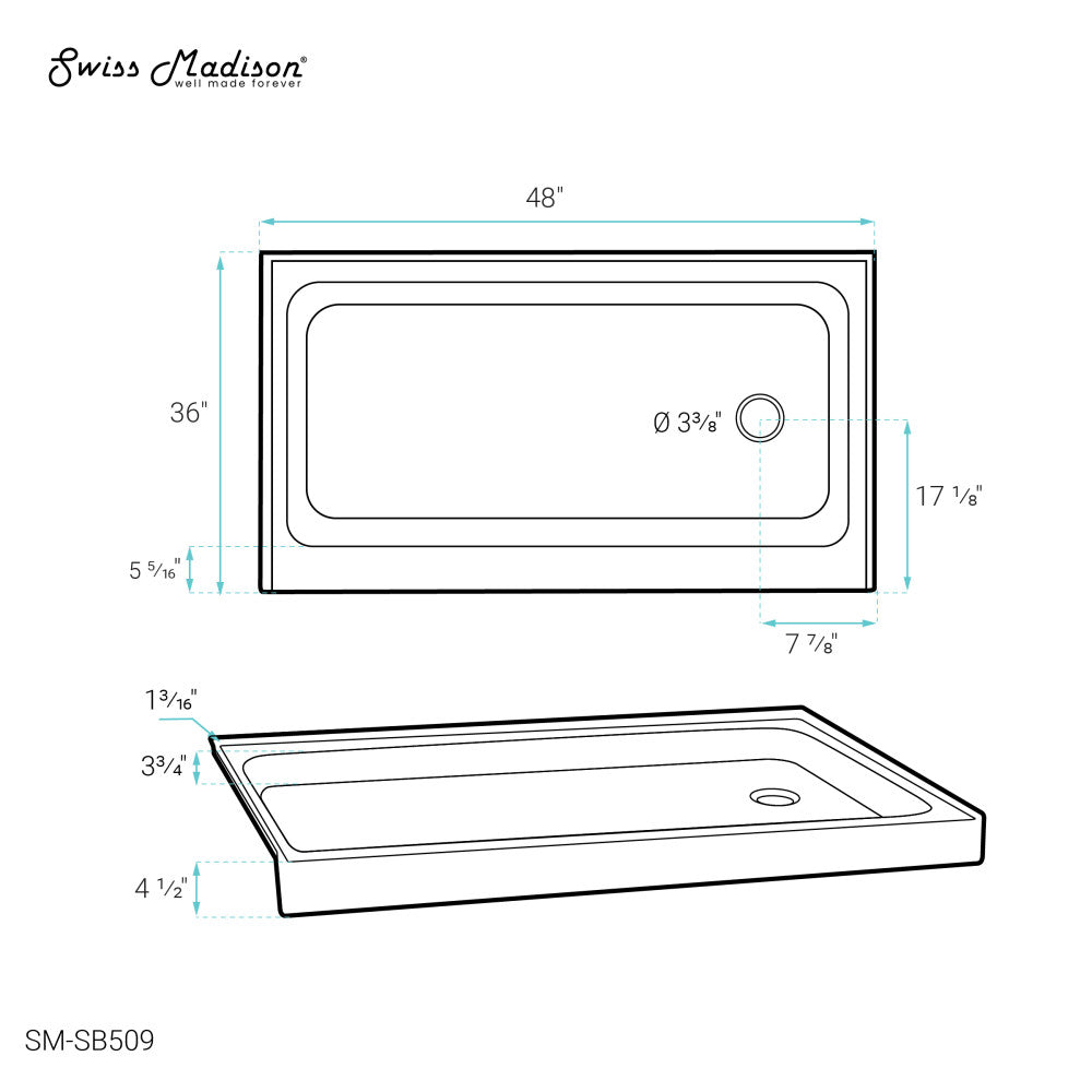 Voltaire 48" x 36" Acrylic White, Single-Threshold, Right Drain, Shower Base