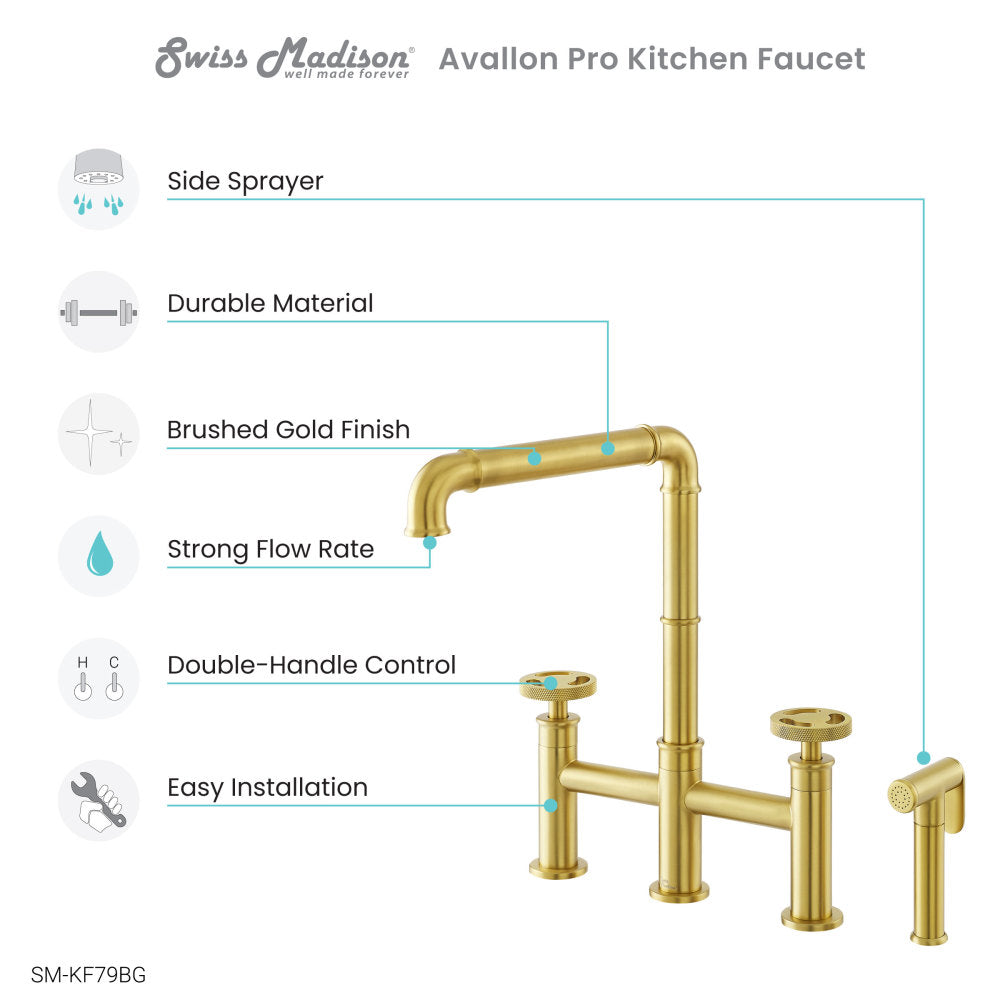 Avallon Pro Widespread Kitchen Faucet with Side Sprayer in Brushed Gold