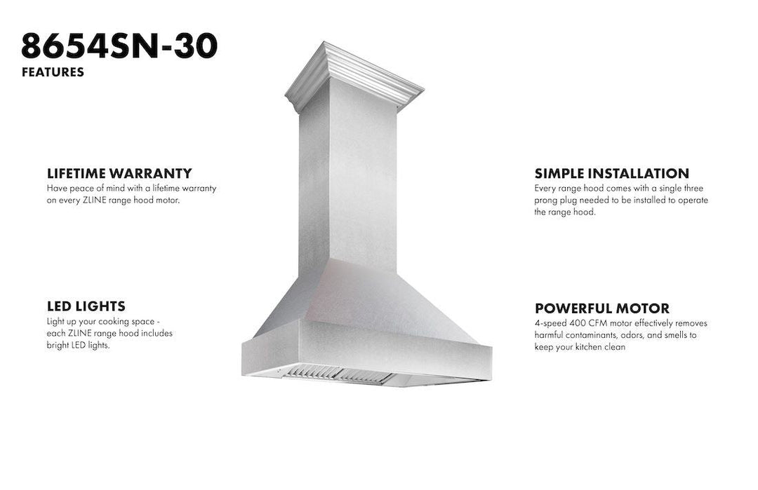 ZLINE 30 in. DuraSnow® Stainless Steel Range Hood with DuraSnow® Shell, 8654SN-30