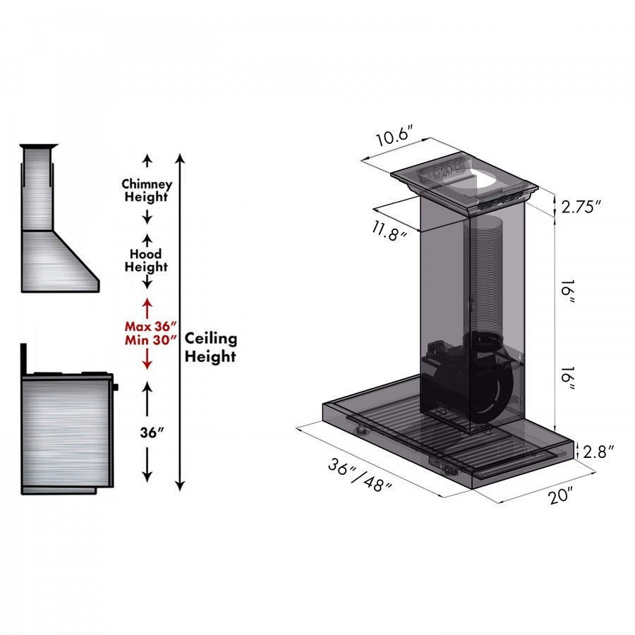 ZLINE 48 in. Stainless Steel Wall Range Hood with Built-in CrownSound® Bluetooth Speakers, KECRN-BT-48