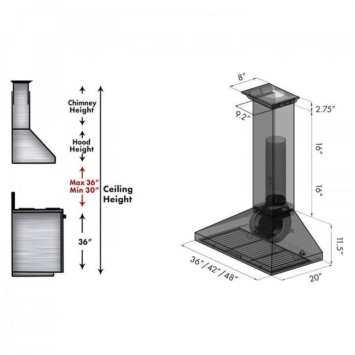 ZLINE 48 in. Stainless Steel Wall Range Hood with Built-in CrownSound® Bluetooth Speakers, KL3CRN-BT-48