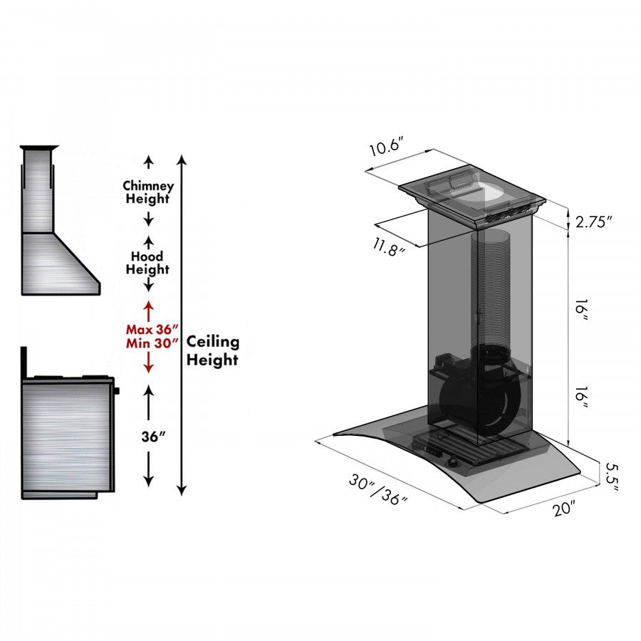 ZLINE 36 in. Stainless Steel Wall Range Hood with Built-in CrownSound® Bluetooth Speakers, KZCRN-BT-36