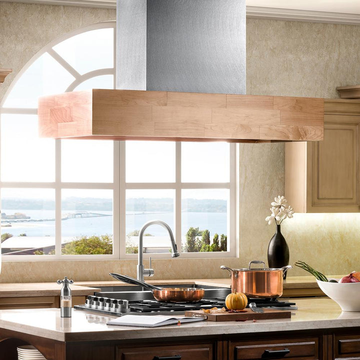 Remote Blower Designer Series Wooden Island Mount Range Hood in Butcher Block (681iM-RS-48-400)   ZLINE 48 in.