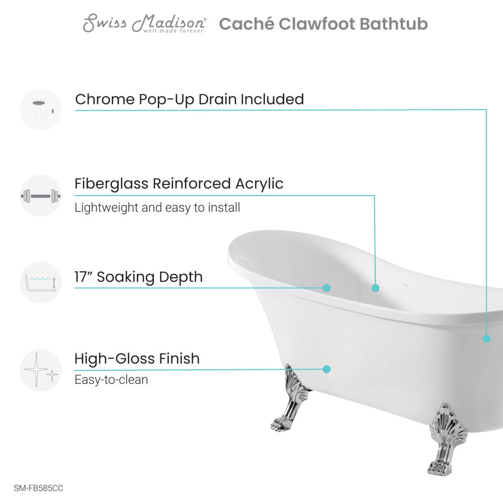 Cache Single Slipper, Clawfoot Soaking Acrylic Bathtub, Chrome Clawfoot