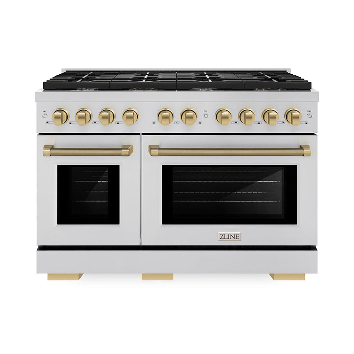 Zline Autograph Edition 48 In. 6.7 Cu. Ft. Paramount Double Oven Dual Fuel Range With 8 Burner Gas Cooktop In Stainless Steel And Champagne Bronze Helix Handles And Knob Accents (Sdrz-48-Kcb)