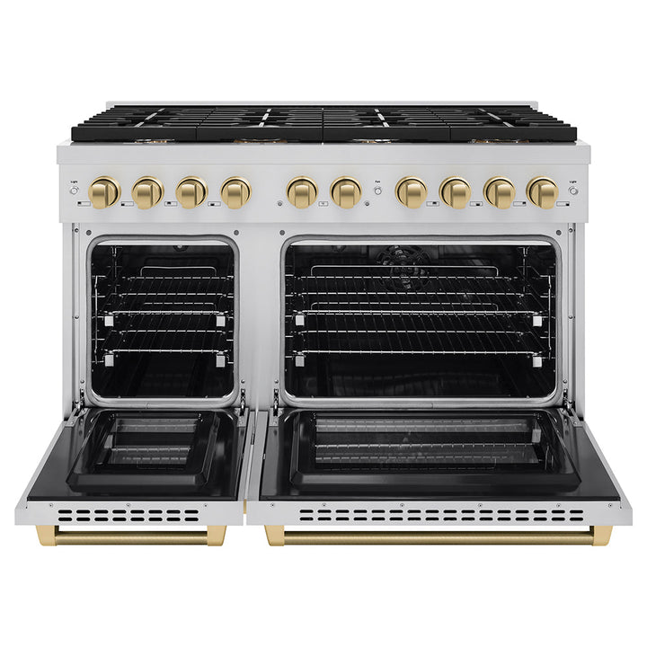 Zline Autograph Edition 48 In. 6.7 Cu. Ft. Paramount Double Oven Dual Fuel Range With 8 Burner Gas Cooktop In Stainless Steel And Champagne Bronze Helix Handles And Knob Accents (Sdrz-48-Kcb)
