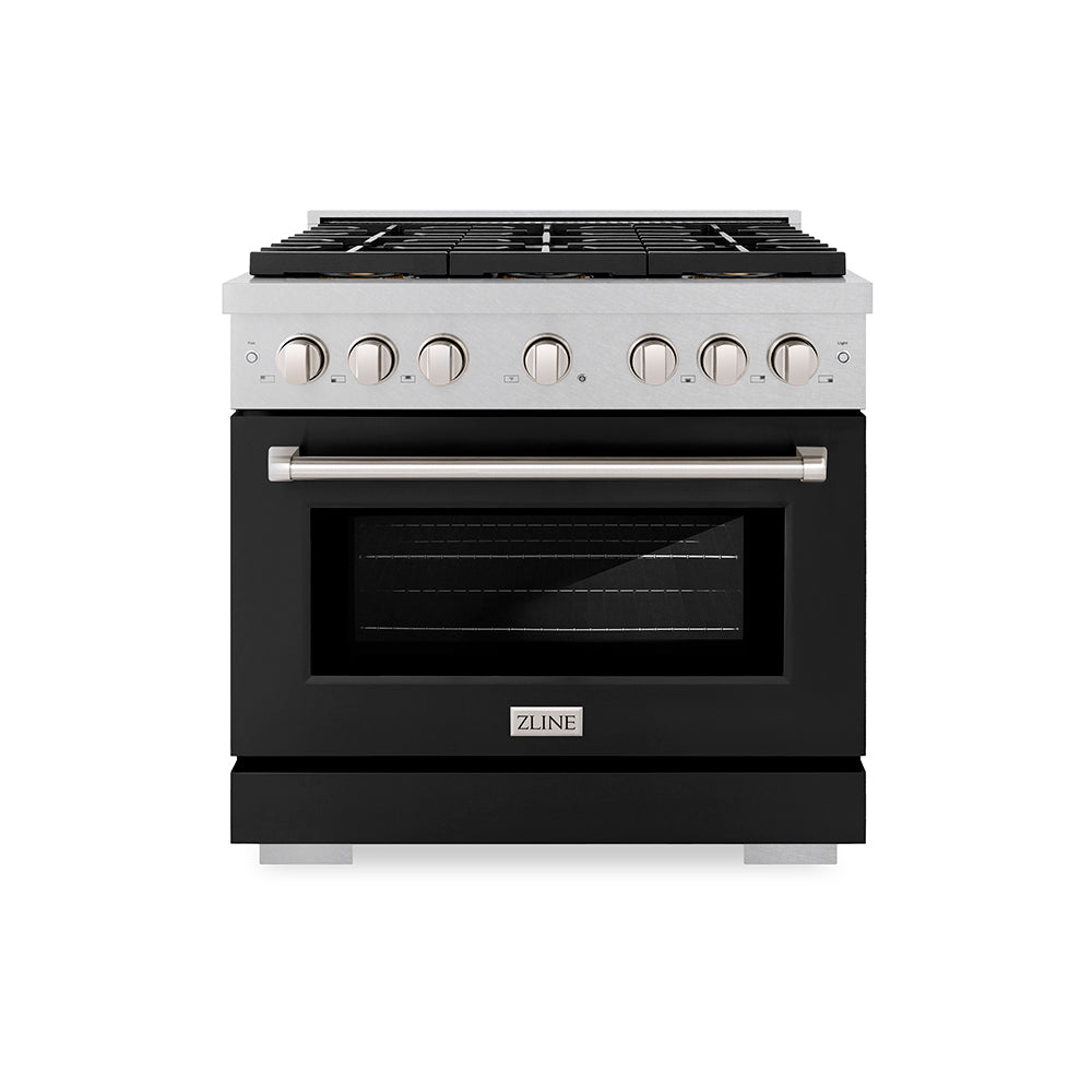 Zline 36 In. 5.2 Cu. Ft. Paramount Gas Range With 6 Burner Duopro™ Cooktop And Convection Gas Oven In Satin Stainless Steel With Black Matte Door (Psgrs-Blm-36)