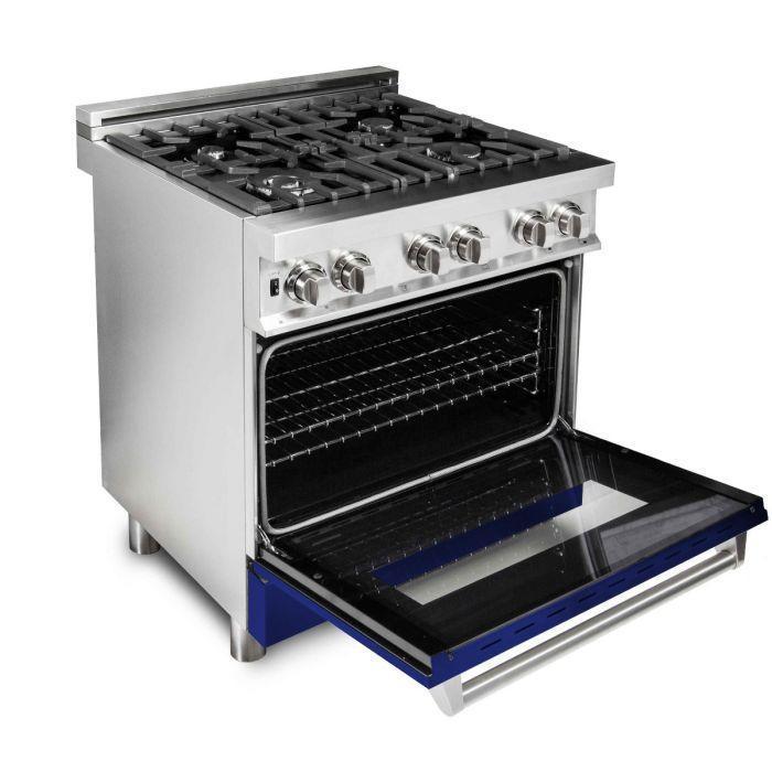 ZLINE 30 in. Dual Fuel Range in Blue Gloss & 30 in. Range Hood Appliance Package, 2KP-RABGRH30