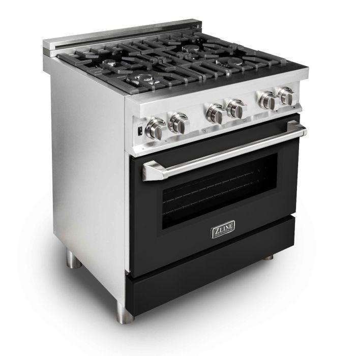 ZLINE 30 in. Dual Fuel Range with Black Matte Door & 30 in. Range Hood Appliance Package, 2KP-RABLMRH30