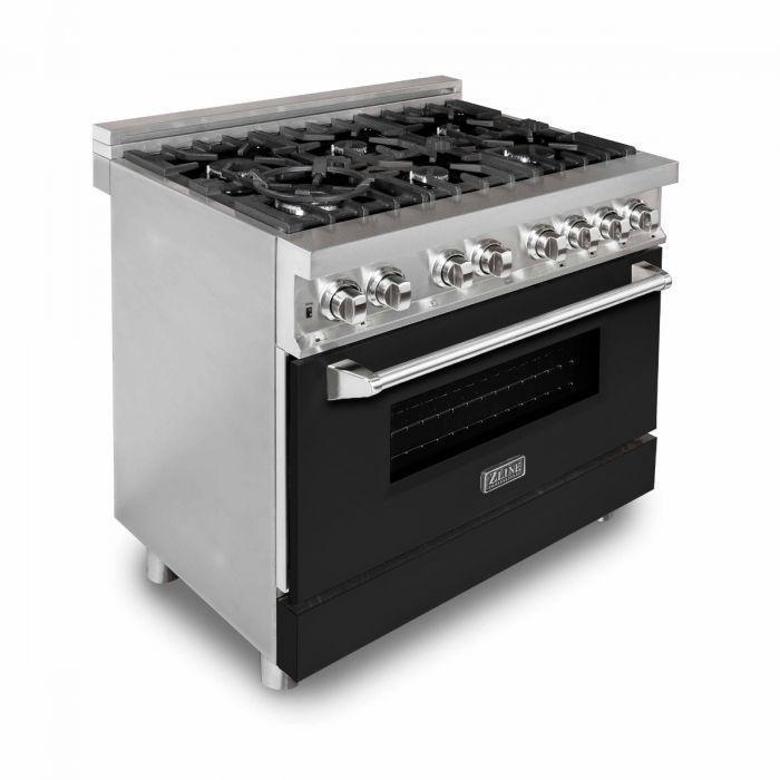 ZLINE 36 in. Dual Fuel Range with Black Matte Doors & 36 in. Range Hood Appliance Package, 2KP-RABLMRH36