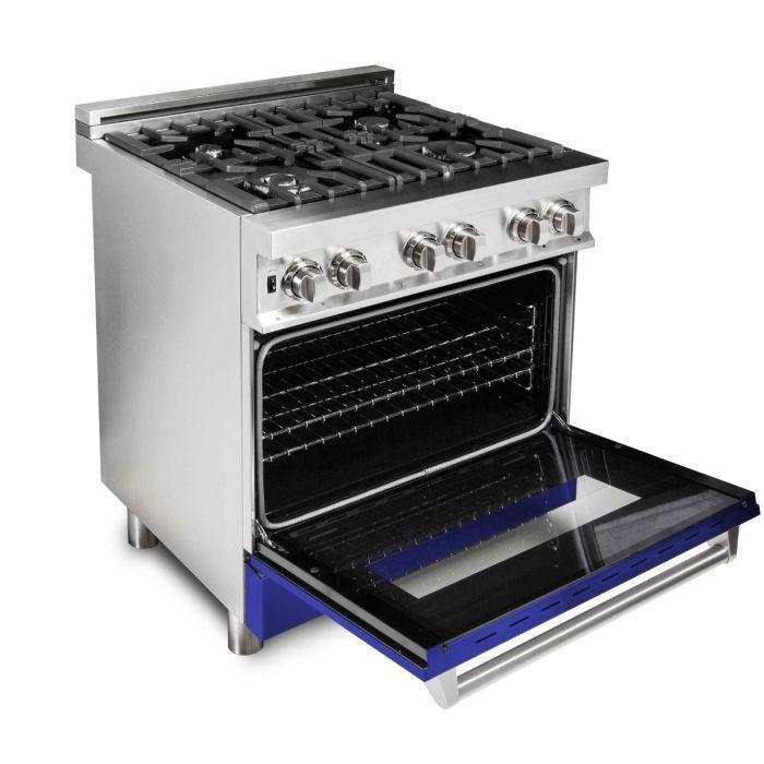 ZLINE 30 in. Dual Fuel Range with Blue Matte Door & 30 in. Range Hood Appliance Package, 2KP-RABMRH30