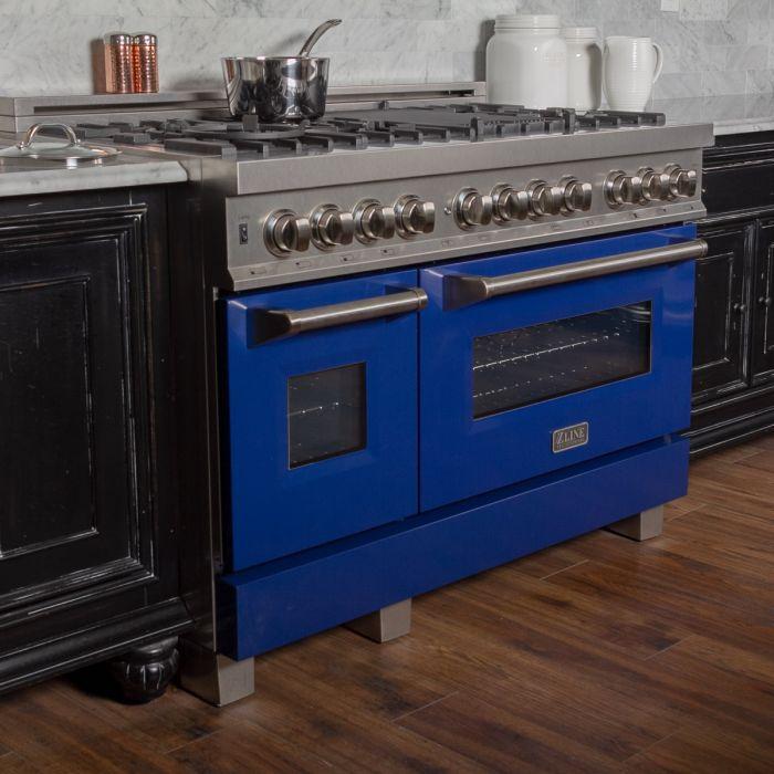 ZLINE 48 in. Professional Gas Burner/Electric Oven DuraSnow® Stainless 6.0 cu.ft. 7 Range with Blue Gloss Door, RAS-BG-48