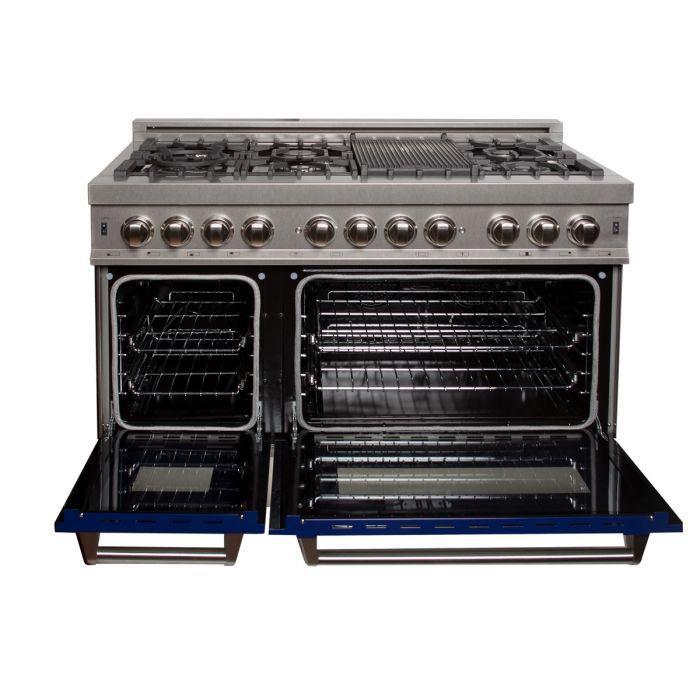 ZLINE 48 in. Professional Gas Burner/Electric Oven DuraSnow® Stainless 6.0 cu.ft. 7 Range with Blue Gloss Door, RAS-BG-48