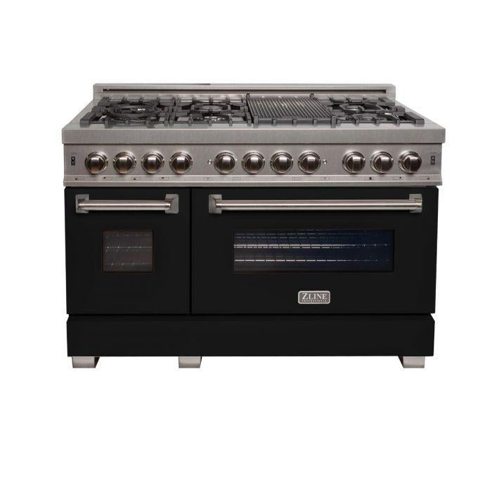 ZLINE 48 in. Professional Gas Burner/Electric Oven DuraSnow® Stainless 6.0 cu.ft. 7 Range with Black Matte Door, RAS-BLM-48