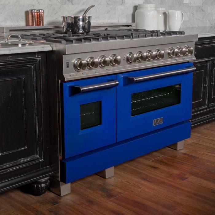 ZLINE 48 in. Dual Fuel Range with Blue Matte Door & 48 in. Range Hood Appliance Package, 2KP-RASBMRH48