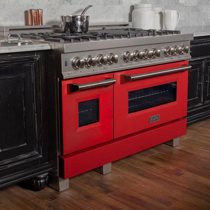 ZLINE 48 in. Professional Gas Burner/Electric Oven DuraSnow® Stainless 6.0 cu.ft. 7 Range with Red Matte Door, RAS-RM-48