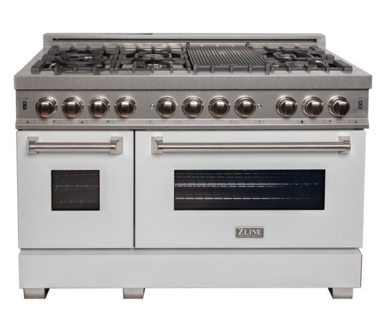 ZLINE 48 in. Professional Gas Burner/Electric Oven DuraSnow® Stainless 6.0 cu.ft. 7 Range with White Matte Door, RAS-WM-48