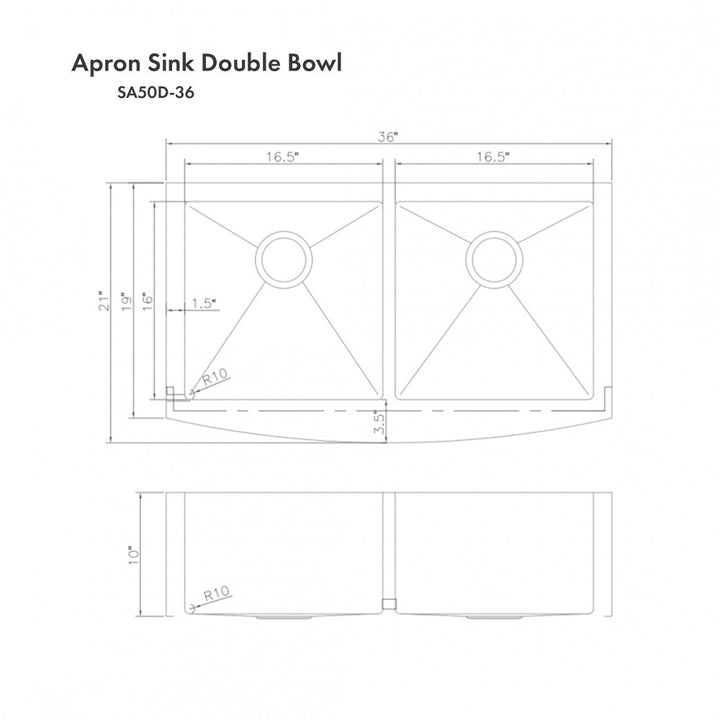 ZLINE 36 in. Niseko Farmhouse Apron Mount Double Bowl Stainless Steel Kitchen Sink with Bottom Grid (SA50D-36)