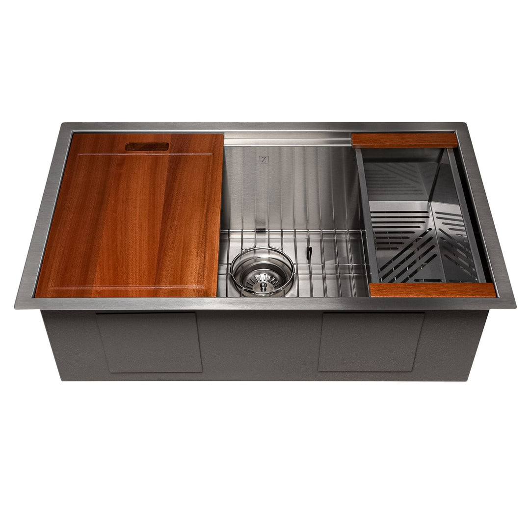 ZLINE 30 in. Garmisch Undermount Single Bowl Stainless Steel Kitchen Sink with Bottom Grid and Accessories, SLS-30