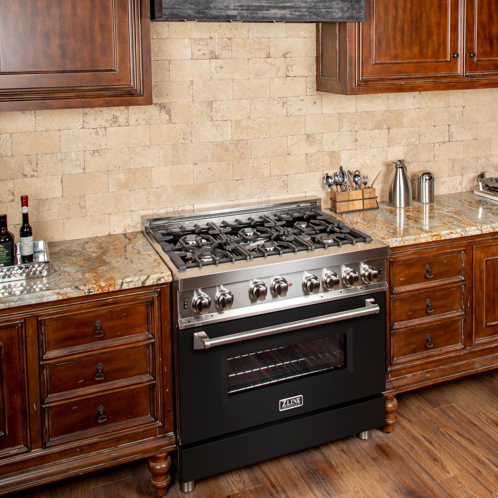 Professional Gas on Gas Range in Stainless Steel with Black Matte Door (RG-BLM-36)  ZLINE 36 in.