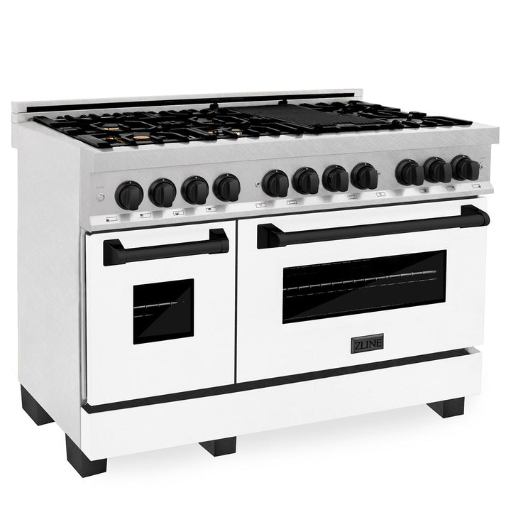 ZLINE Autograph Edition 48 in. 6.0 cu. ft. Range, Gas Stove/Electric Oven in DuraSnow® with White Matte Door, Matte Black Accents, RASZ-WM-48-MB