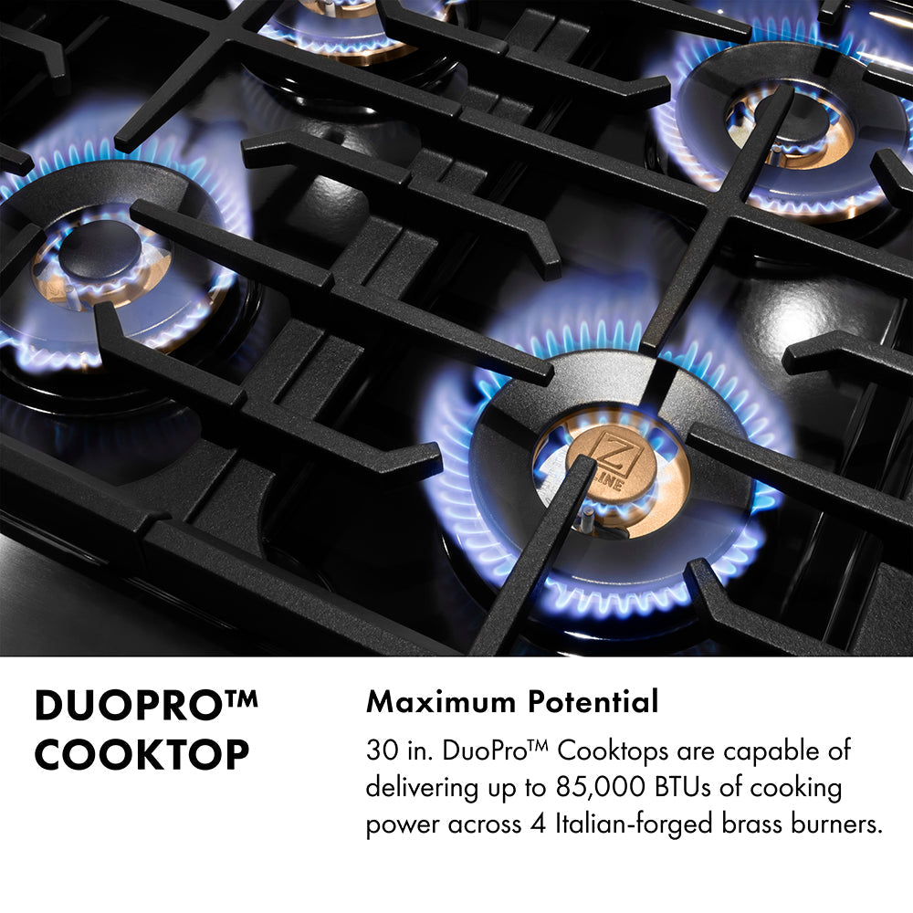 ZLINE 30 in. Paramount Gas Rangetop with 4 Burner DuoPro™ Cooktop in Black Stainless Steel (PSRTB-30)