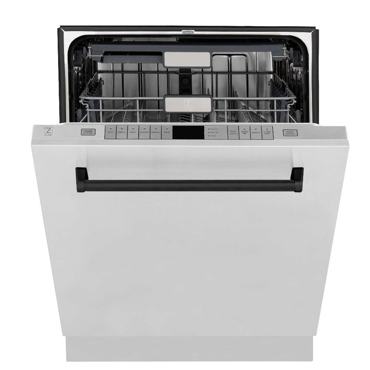 ZLINE Autograph Edition 30 in. Kitchen Package with Stainless Steel Dual Fuel Range, Range Hood, Dishwasher, and Refrigerator with External Water Dispenser with Matte Black Accents (4AKPR-RARHDWM30-MB)