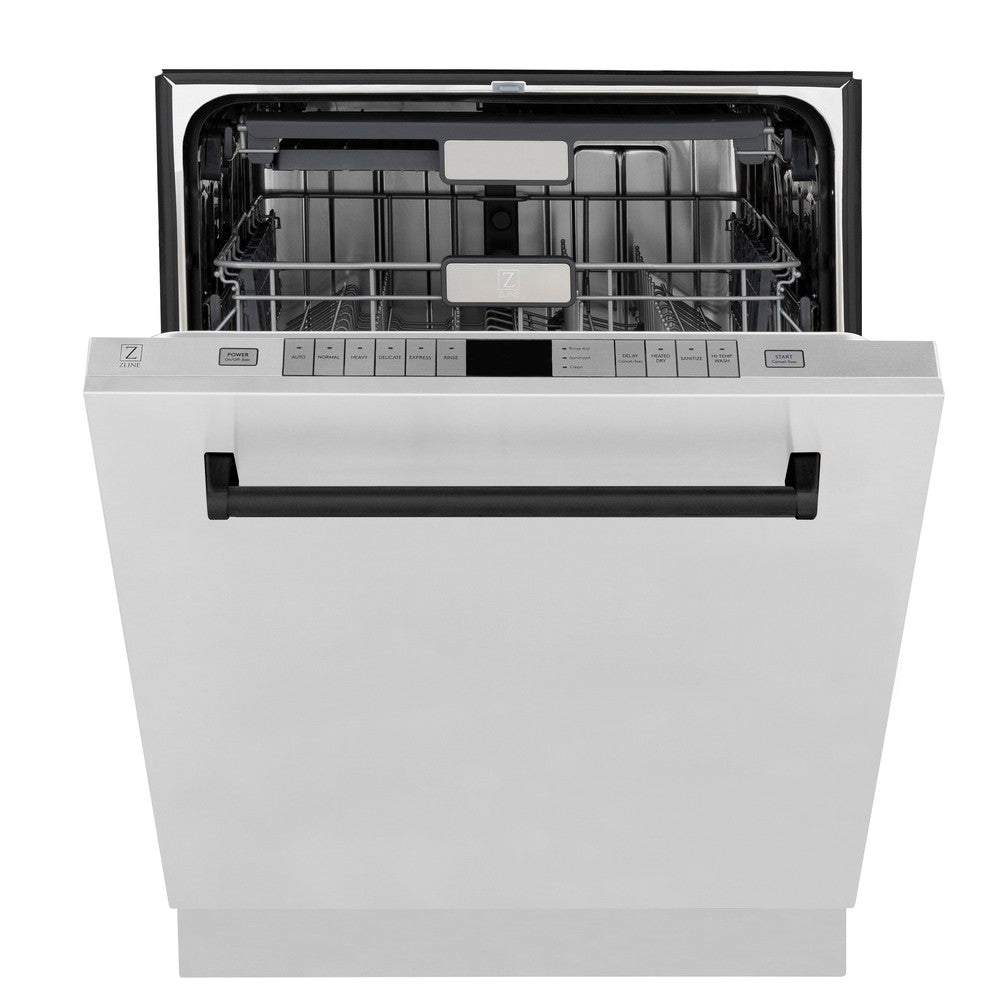 ZLINE Autograph Edition 36 in. Kitchen Package with Stainless Steel Dual Fuel Range, Range Hood, Dishwasher and Refrigerator Including External Water Dispenser with Matte Black Accents (4AKPR-RARHDWM36-MB)