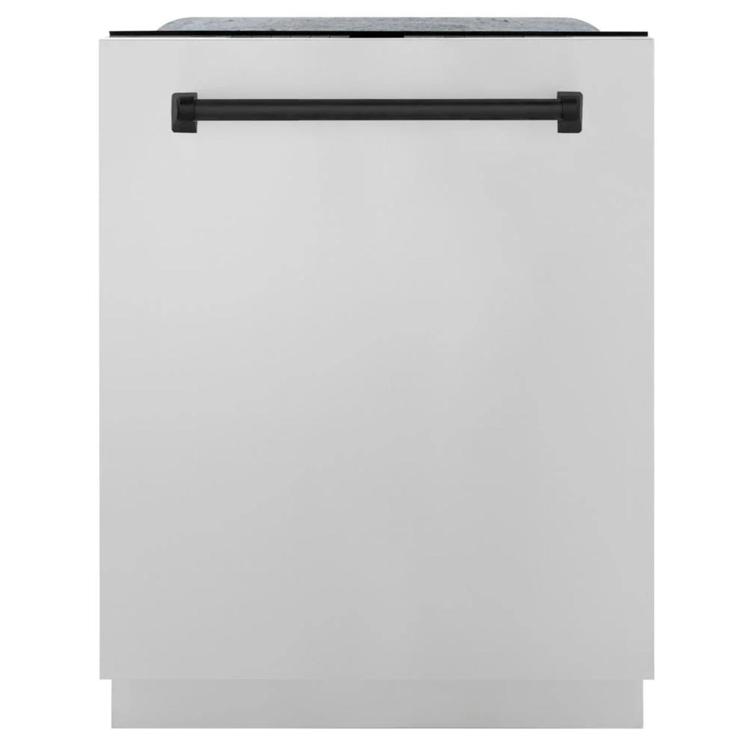 ZLINE Autograph Edition 30", 36", &amp; 48" Stainless Steel 4-Piece Kitchen Package with Matte Black Accents—Dual Fuel Range, Wall Mount Range Hood, Dishwasher, and Refrigerator