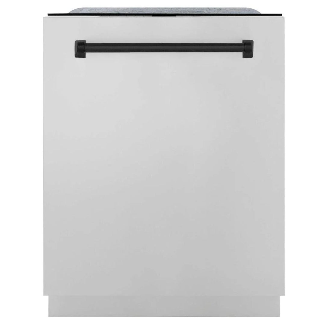 ZLINE Autograph Edition 30", 36", &amp; 48" Stainless Steel 4-Piece Kitchen Package with Matte Black Accents—Dual Fuel Range, Wall Mount Range Hood, Dishwasher, and Refrigerator.