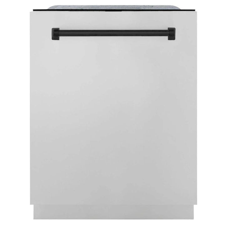 ZLINE Autograph Edition 30", 36", &amp; 48" Stainless Steel 4-Piece Kitchen Package with Matte Black Accents—Dual Fuel Range, Wall Mount Range Hood, Dishwasher, and Refrigerator.