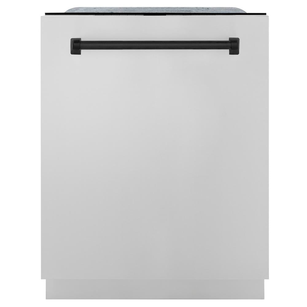 ZLINE Autograph Edition 36 in. Kitchen Package with Stainless Steel Dual Fuel Range, Range Hood, Dishwasher and Refrigerator Including External Water Dispenser with Matte Black Accents (4AKPR-RARHDWM36-MB)