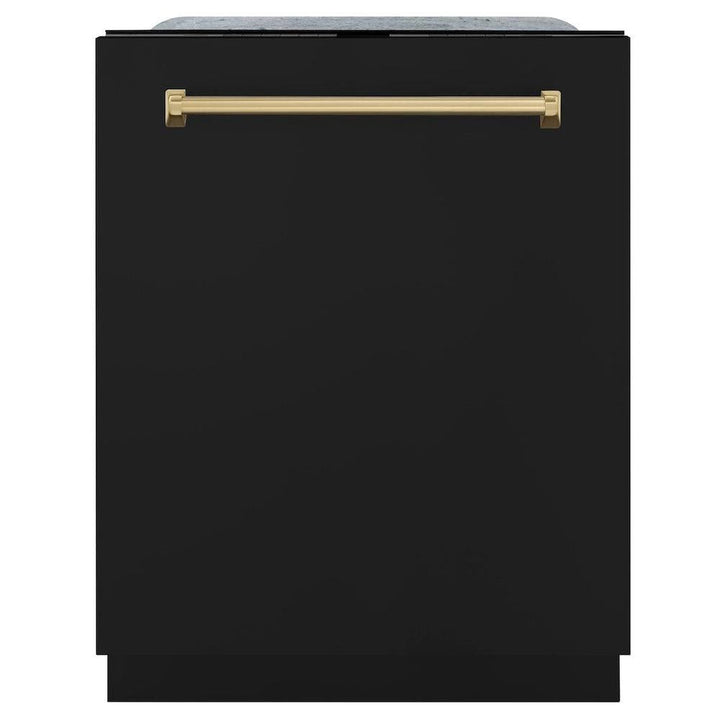 ZLINE Autograph Edition 24 in. Monument Series 3rd Rack Top Touch Control Tall Tub Dishwasher in Black Matte with Champagne Bronze Handle, 45dBa (DWMTZ-BLM-24-CB)
