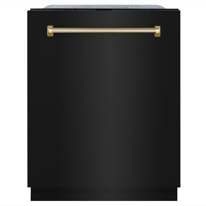 ZLINE Autograph Edition 24 in. Monument Series 3rd Rack Top Touch Control Tall Tub Dishwasher in Black Stainless Steel with Polished Gold Helix Handle, 45dBa (DWMTZ-BS-24-KG)