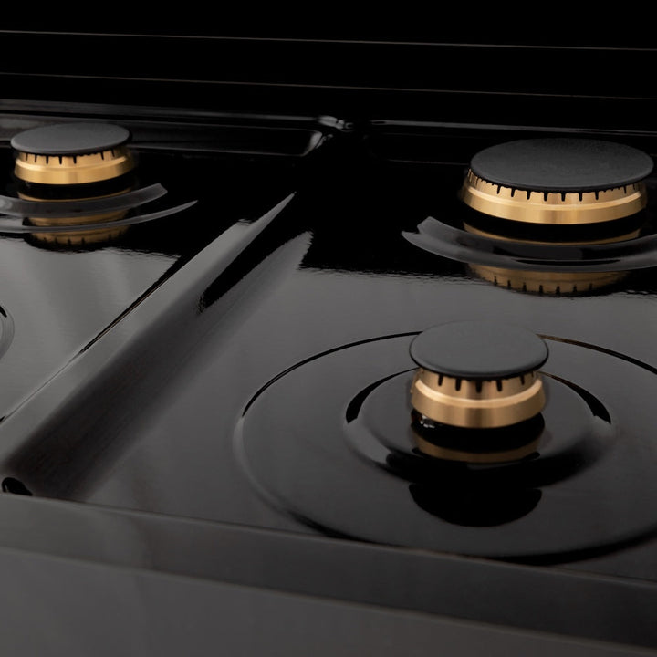 ZLINE Autograph Edition 24 in. 2.8 cu. ft. Legacy Dual Fuel Range with 4 Burner Gas Cooktop and Electric Convection Oven in Black Stainless Steel and Champagne Bronze Accents, Open Box-Excellent Condition