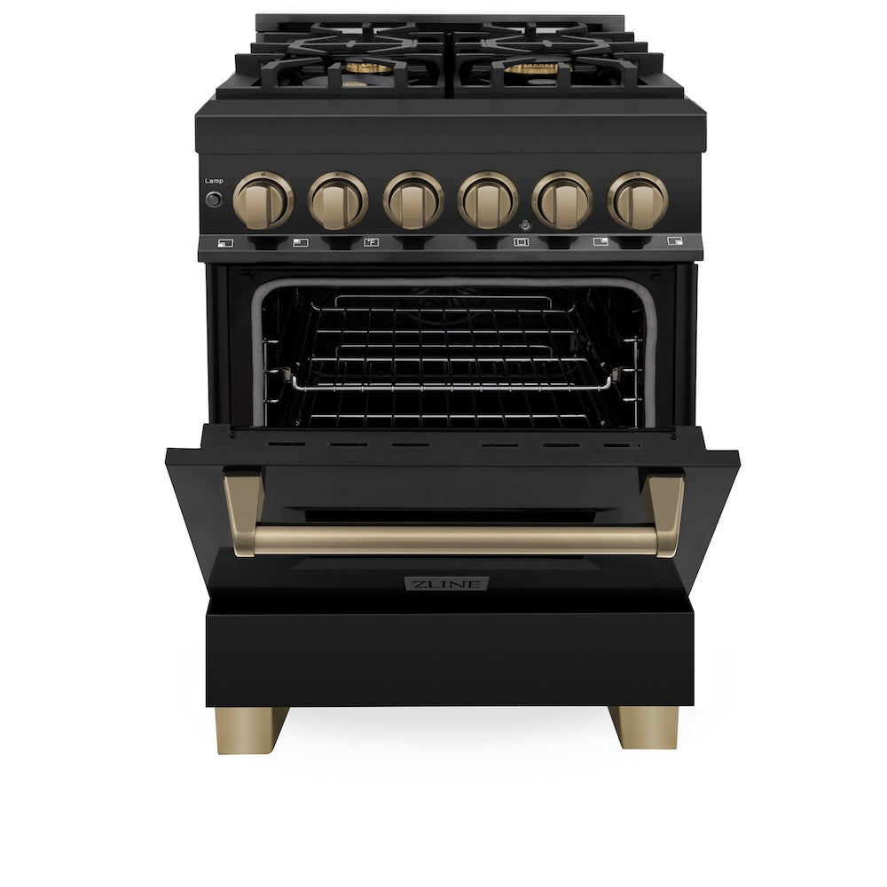 ZLINE Autograph Edition 24 in. 2.8 cu. ft. Legacy Dual Fuel Range with 4 Burner Gas Cooktop and Electric Convection Oven in Black Stainless Steel and Champagne Bronze Accents, Open Box-Excellent Condition