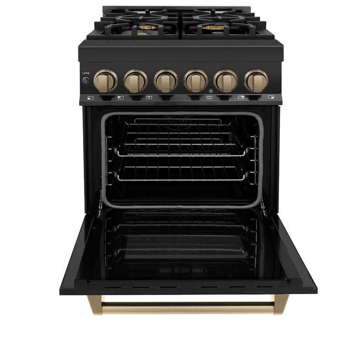 ZLINE Autograph Edition 24 in. 2.8 cu. ft. Legacy Dual Fuel Range with 4 Burner Gas Cooktop and Electric Convection Oven in Black Stainless Steel and Champagne Bronze Accents, Open Box-Excellent Condition