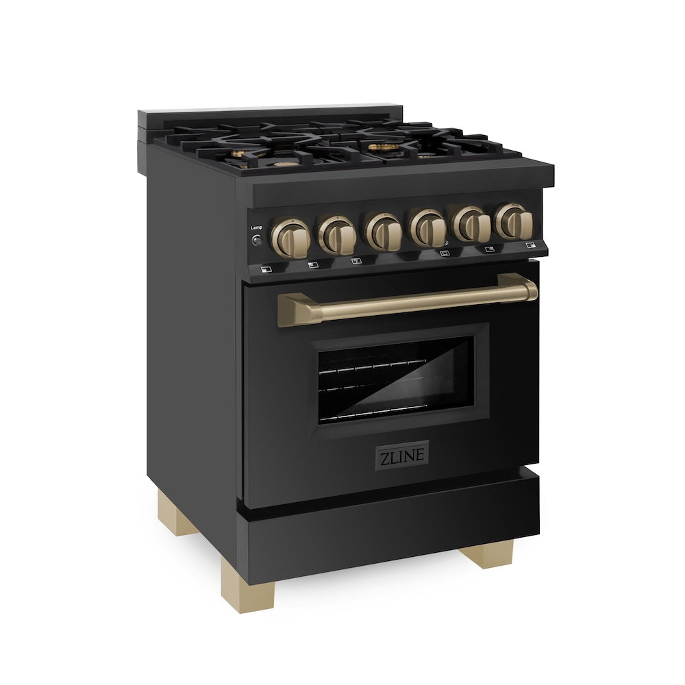 ZLINE Autograph Edition 24 in. 2.8 cu. ft. Legacy Dual Fuel Range with 4 Burner Gas Cooktop and Electric Convection Oven in Black Stainless Steel and Champagne Bronze Accents, Open Box-Excellent Condition