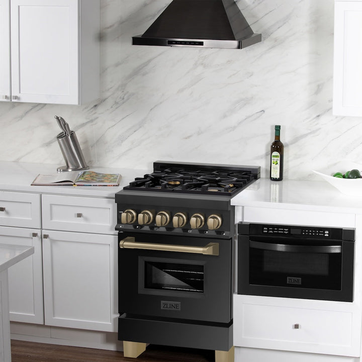 ZLINE Autograph Edition 24 in. 2.8 cu. ft. Legacy Dual Fuel Range with 4 Burner Gas Cooktop and Electric Convection Oven in Black Stainless Steel and Champagne Bronze Accents, Open Box-Excellent Condition