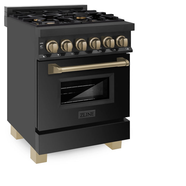 ZLINE Autograph Edition 24 in. 2.8 cu. ft. Legacy Dual Fuel Range with 4 Burner Gas Cooktop and Electric Convection Oven in Black Stainless Steel and Champagne Bronze Accents, Open Box-Excellent Condition