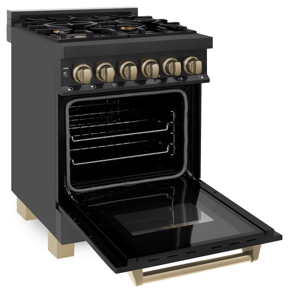 ZLINE Autograph Edition 24 in. 2.8 cu. ft. Legacy Dual Fuel Range with 4 Burner Gas Cooktop and Electric Convection Oven in Black Stainless Steel and Champagne Bronze Accents, Open Box-Excellent Condition