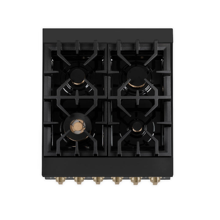 ZLINE Autograph Edition 24 in. 2.8 cu. ft. Legacy Dual Fuel Range with 4 Burner Gas Cooktop and Electric Convection Oven in Black Stainless Steel and Champagne Bronze Accents, Open Box-Excellent Condition