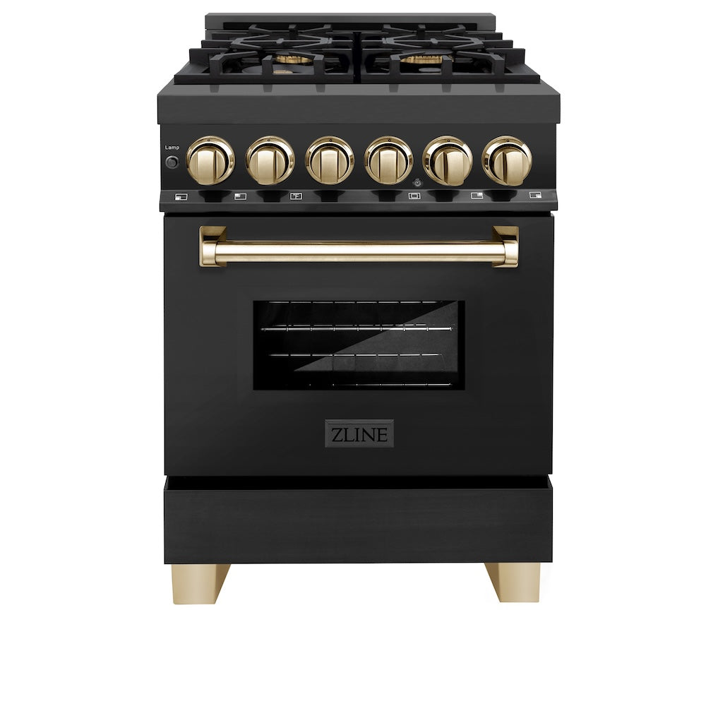 ZLINE Autograph Edition 24 in. 2.8 cu. ft. Legacy Dual Fuel Range with 4 Burner Gas Cooktop and Electric Convection Oven in Black Stainless Steel and Polished Gold Accents, Open Box-Excellent Condition