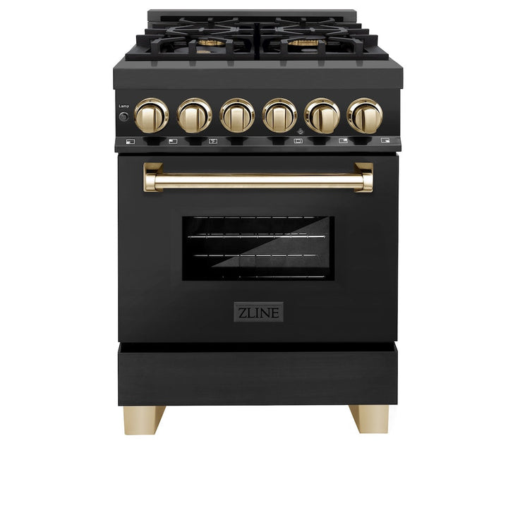 ZLINE Autograph Edition 24 in. 2.8 cu. ft. Legacy Dual Fuel Range with 4 Burner Gas Cooktop and Electric Convection Oven in Black Stainless Steel and Polished Gold Accents, Open Box-Excellent Condition