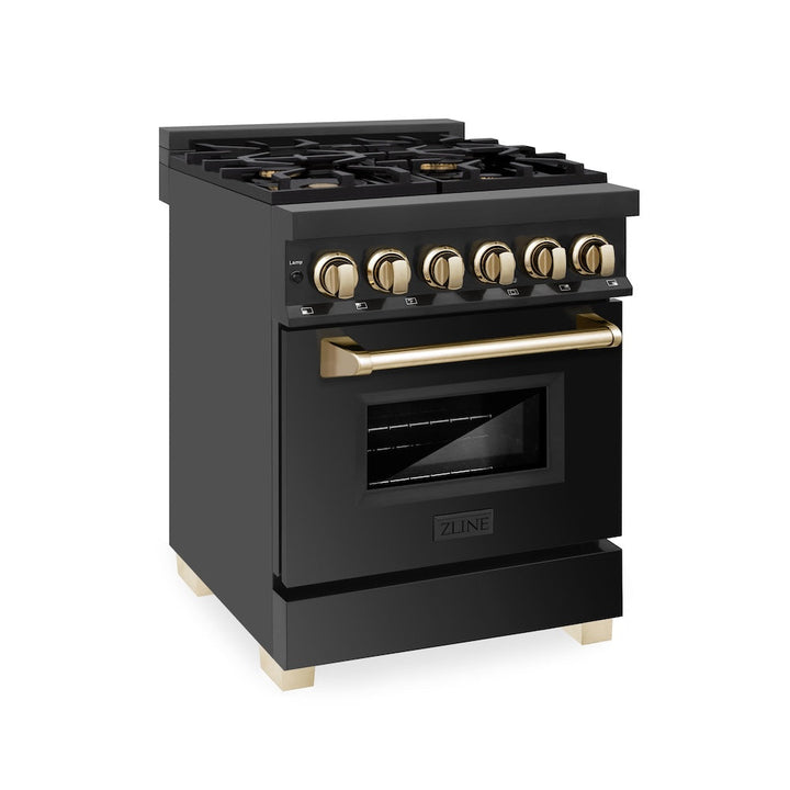 ZLINE Autograph Edition 24 in. 2.8 cu. ft. Legacy Dual Fuel Range with 4 Burner Gas Cooktop and Electric Convection Oven in Black Stainless Steel and Polished Gold Accents, Open Box-Excellent Condition